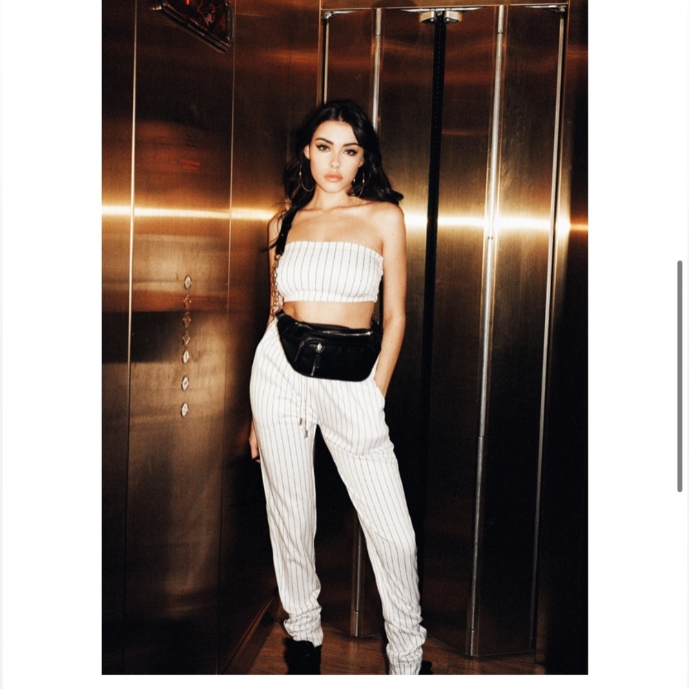 Missguided Madison beer 2 piece matching crop top lace up set joggers pinstripe
